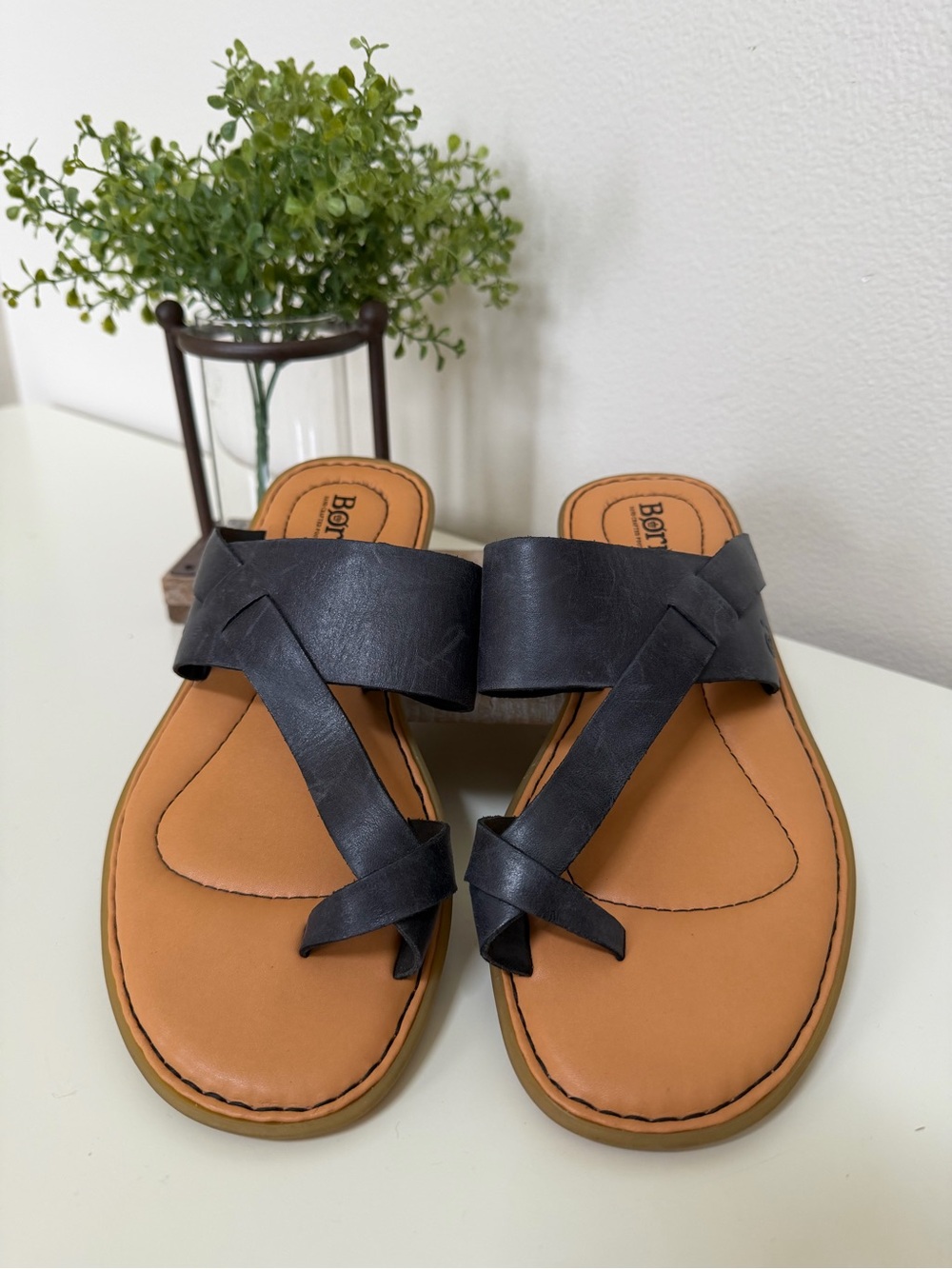 Born 8M Black Leather Strappy Slide Sandals on Tan Footbed